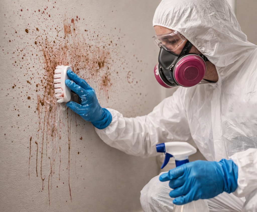 Death cleanup services team cleaning wall in home in Santa Ana, CA