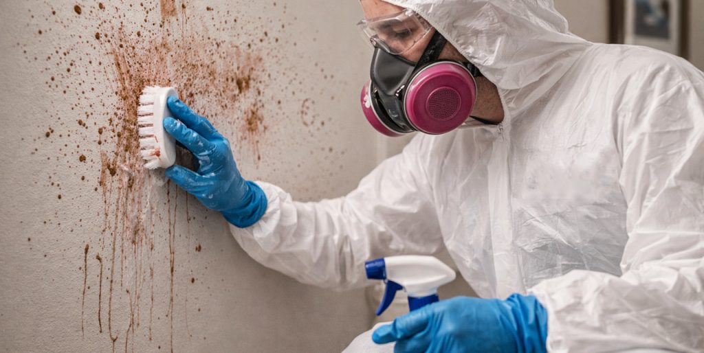 A wall being scrubbed as part of blood cleanup in Costa Mesa, CA