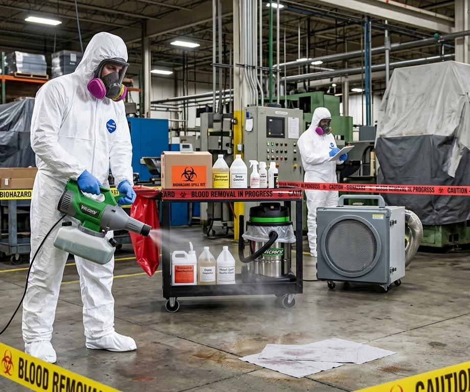 Industrial Emergency Blood Removal Technicians Working in Anaheim, CA Warehouse