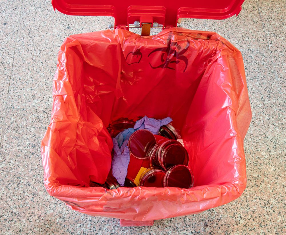 Biohazard cleanup container in a Hollywood, CA facility